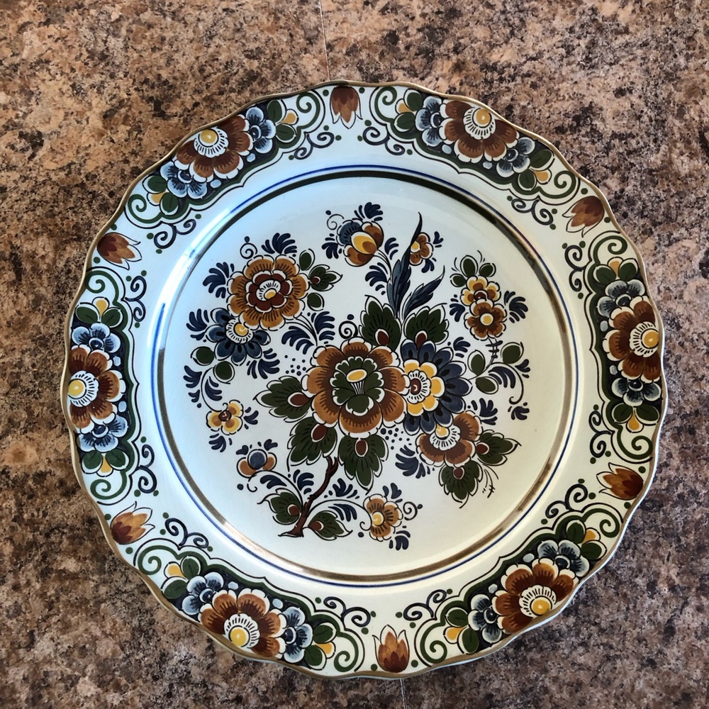 Delft Holland Floral Decorative charger plate Plate with Green and Brown Accents